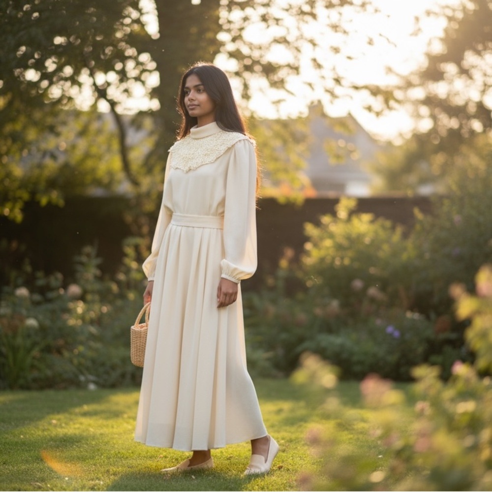 VINTAGE 1970s URSULA OF SWITZERLAND Cream Belted Midi Dress